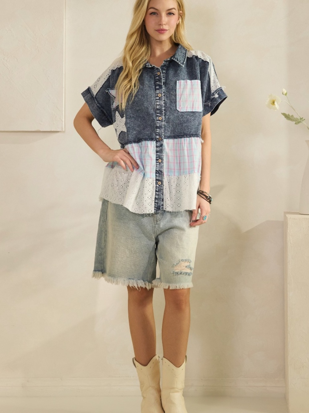 Sage & Fig Dark Wash Denim Plaid Print Star patch Button Down Top - Picture 7 of 8